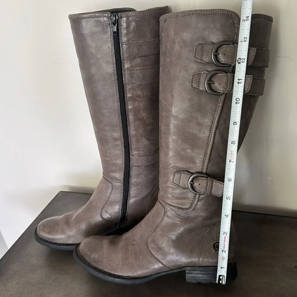 Born Women's Tall Knee High Ash Leather Boots Riding Boho Buckle Size 6.5 EUC